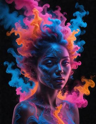 The primary subject of the image is a woman with a unique and artistic appearance. She is painted with a combination of blue, pink, and orange colors, giving her a vibrant and eye-catching look. The setting is a dark background, which contrasts with the woman's vivid colors. The visual style of the image is a digital art or illustration, showcasing the artist's creativity and skill in painting the woman's face. The overall atmosphere of the image is lively and captiv